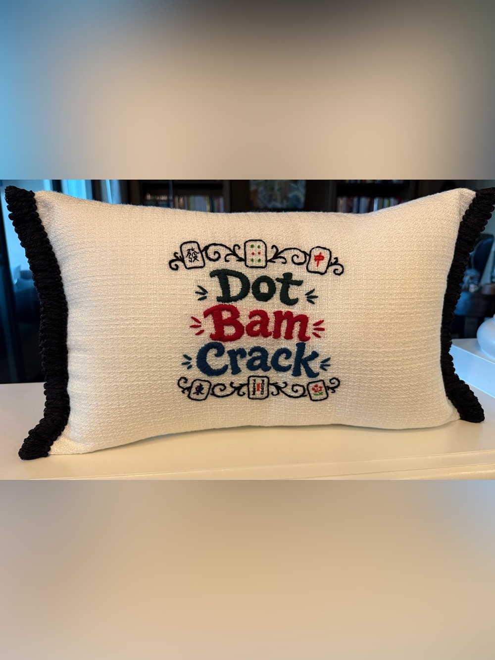 Hand Embroidered 'Dot Bam Crack' Mahjong inspired accent pillow